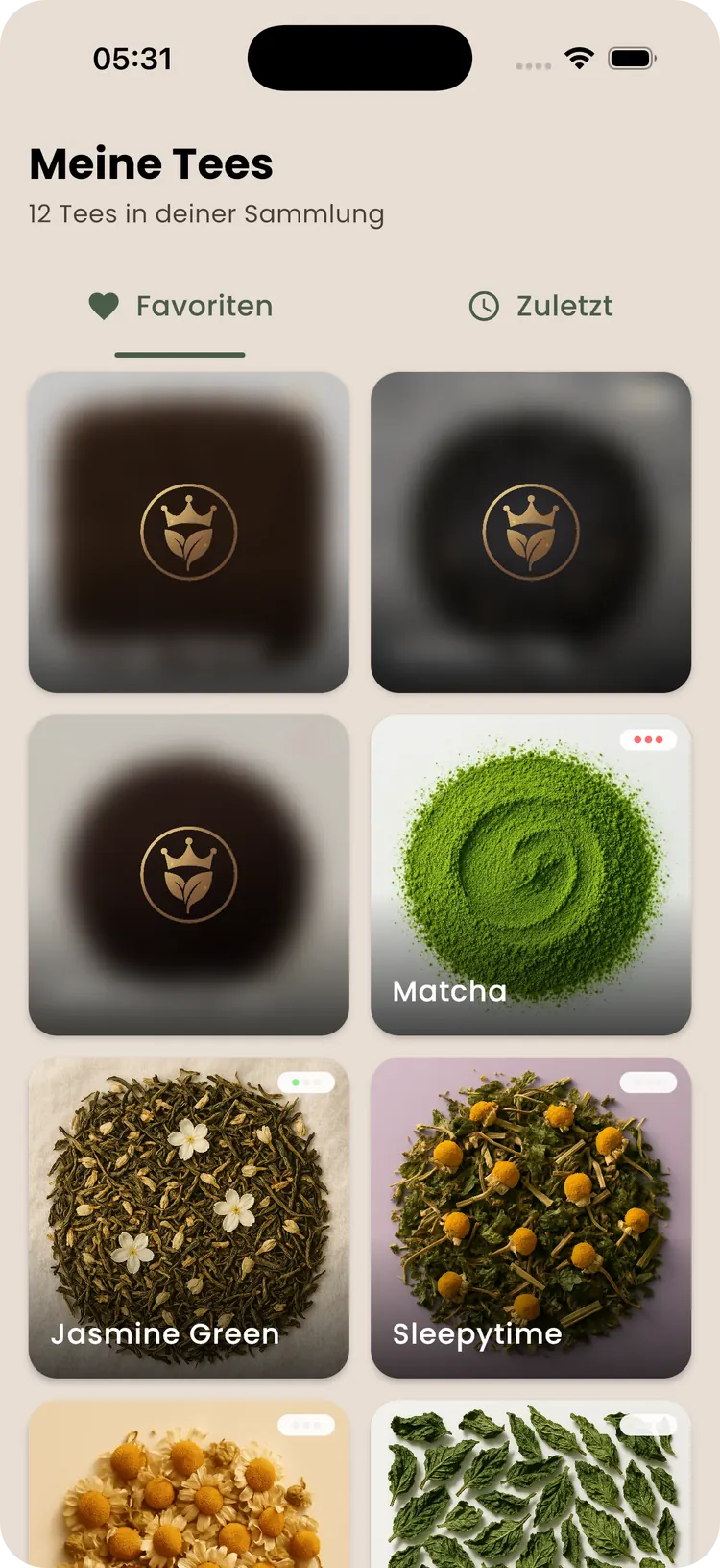 Teafinity-Sammlung „Meine Tees“ mit Favoriten und zuletzt gebrühten Tees
