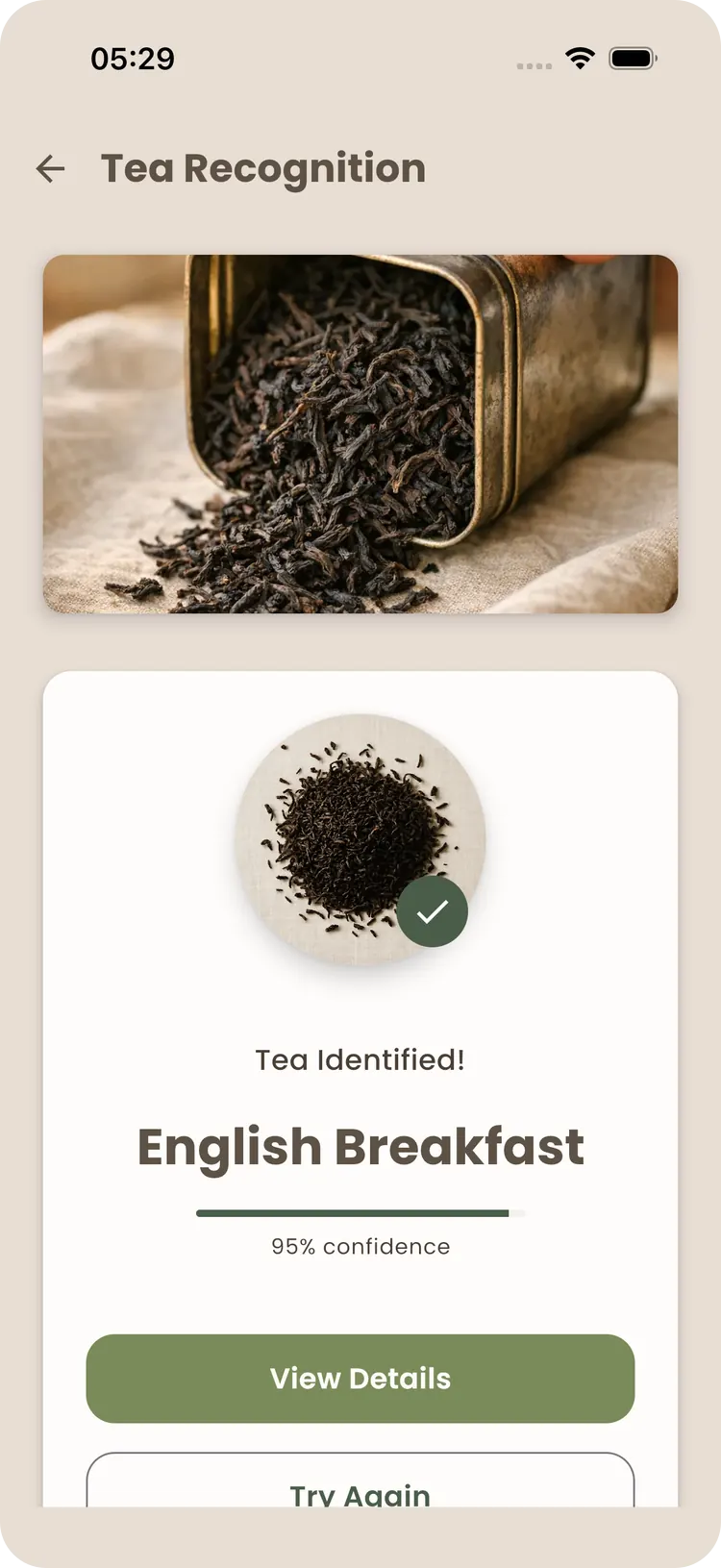 Teafinity camera recognition identifying a tea from a photo
