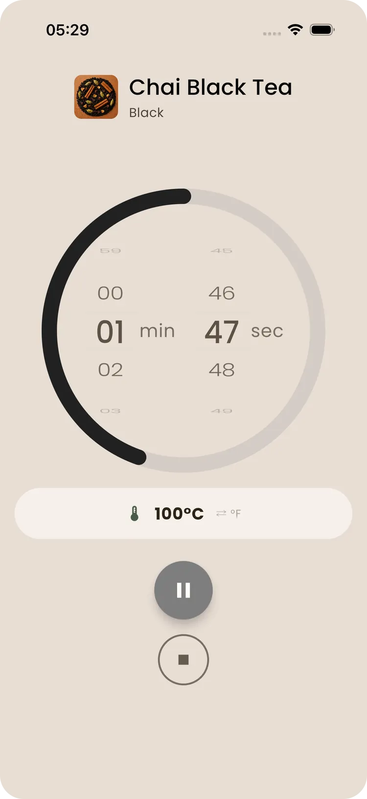 Teafinity brewing screen counting down an infusion with temperature and infusion schedule