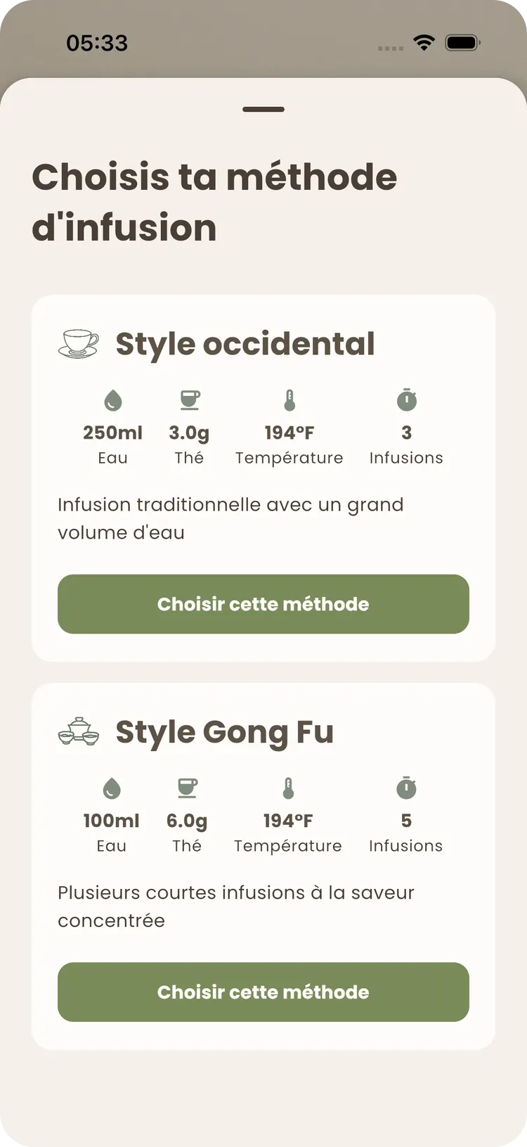 Sélecteur de méthode d’infusion Teafinity comparant l’occidentale et le Gong Fu — eau, thé, température et nombre d’infusions