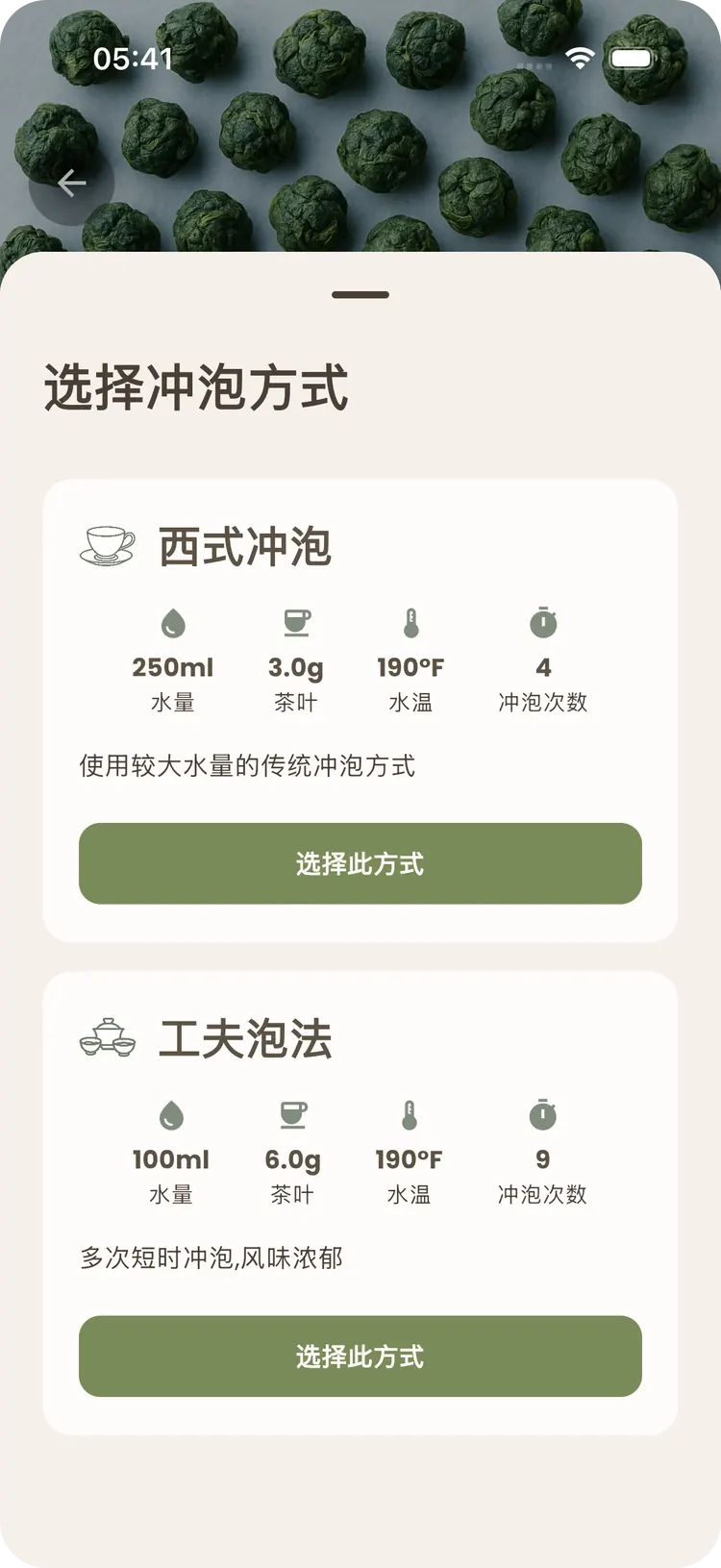 Teafinity 冲泡方式选择界面：西式与工夫泡对比，含水量、茶量、水温与冲泡次数